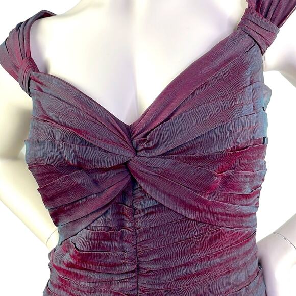 TADASHI Collection Wine & Teal Ruched Chiffon Cocktail Dress Off Shoulder Size 6 - Picture 5 of 16